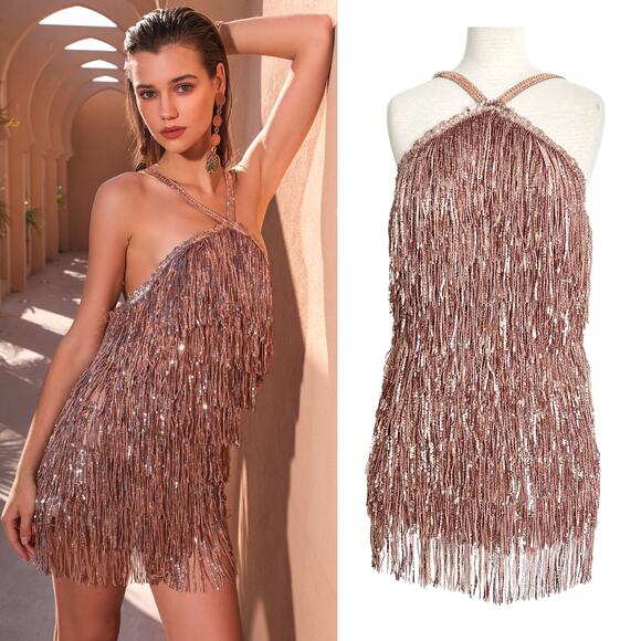 Bronx and Banco Isle Rose Gold Sequin Fringe Mini Dress - Picture 1 of 7